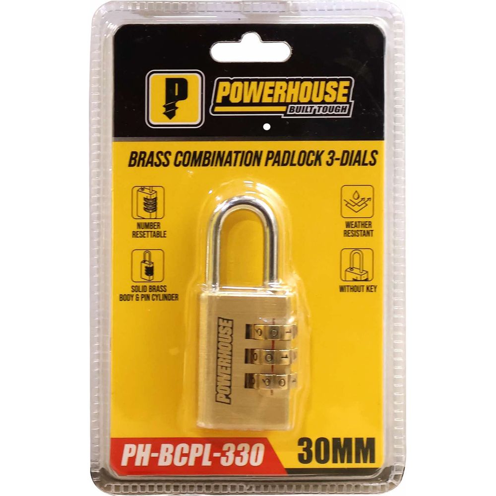 Powerhouse PH-BCPL-330 Brass Combination Padlock 3-Dials (30mm ...